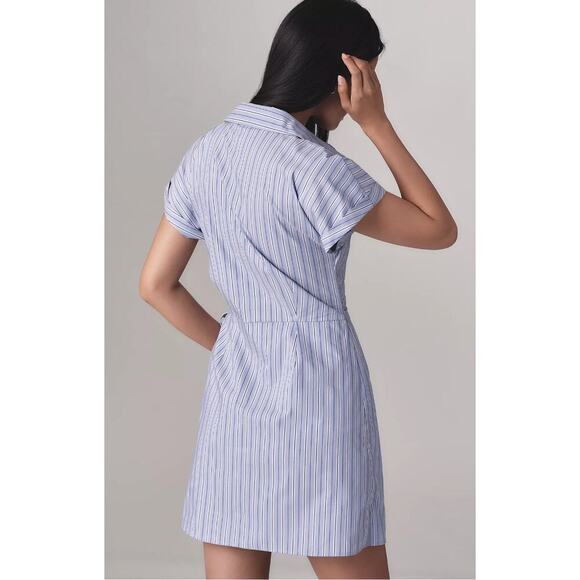 NEW Anthropologie Maeve Wrap Mini Shirt Dress Medium Blue Stripe - Picture 4 of 8